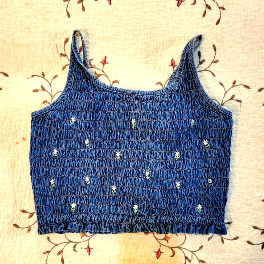 90's Hippie Denim Embroidered Elastic Crop Top